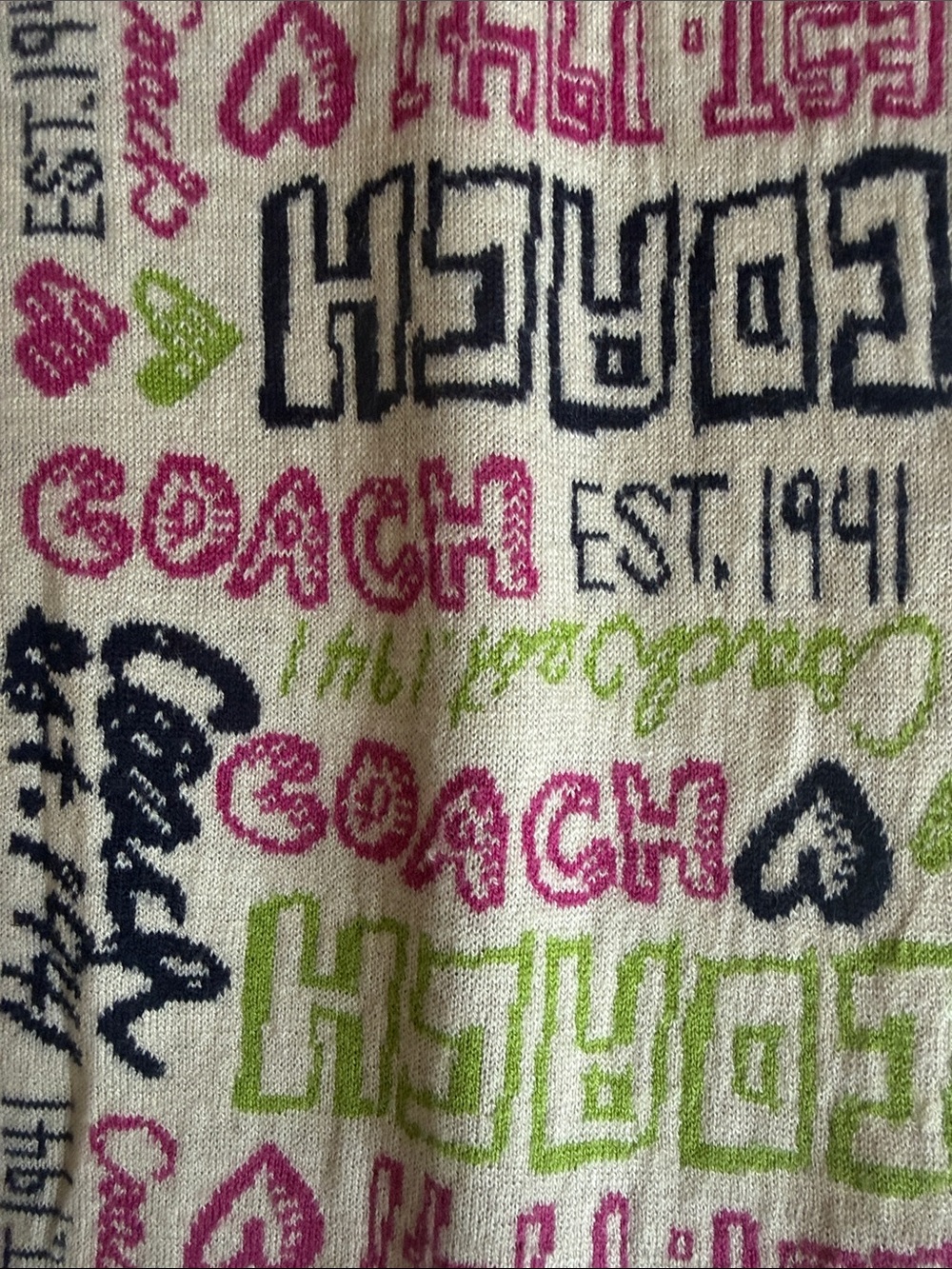 Coach Logo Print Scarf in Pink, Lime & Navy on Cream